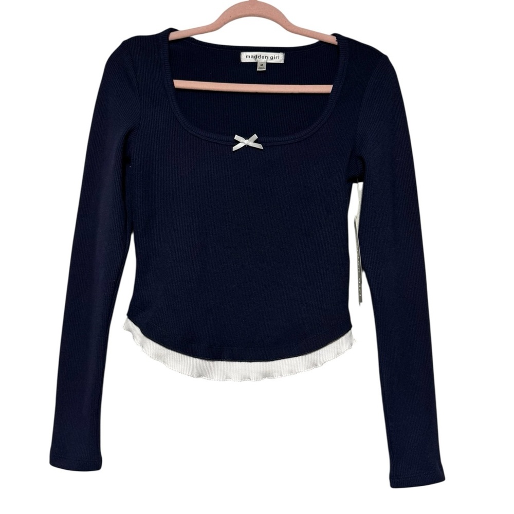 Madden Gurl NWT Y2K Style Baby Tee Top Size M Bow Square Neck Ribbed Coquette